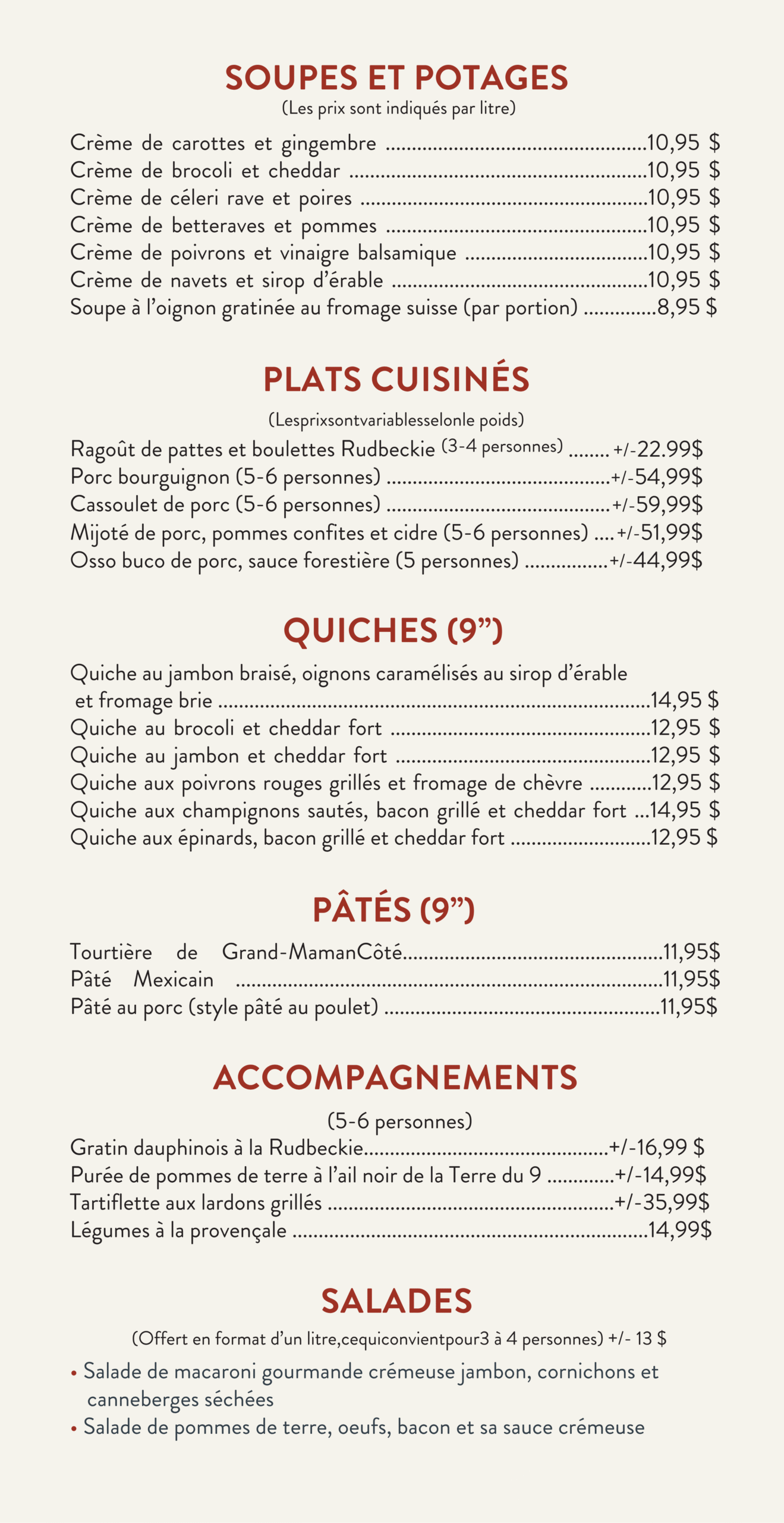 Menu à la carte